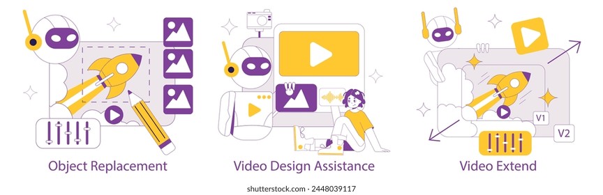 VIDEO AI para Video Automatización en Edición innovadora, sustitución de objetos, asistencia en el diseño. Ilustración vectorial.