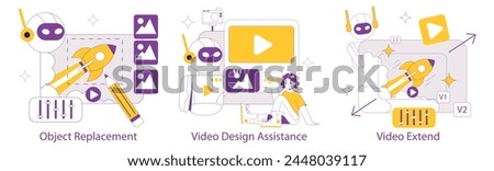 AI for Video Creation set. Automation in video editing featured by robots. Innovative editing, object replacement, design assistance. Vector illustration.