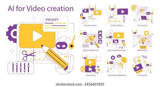 AI for Video Creation set. Streamlining video editing and animation through AI. Tools for prompt generation, editing, and design assistance. Vector illustration