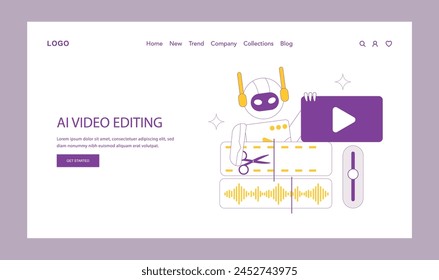 AI Video Editing concept. An illustration of a robot with headphones editing a video, symbolizing automation in video production. Modern digital editor interface. Vector illustration.