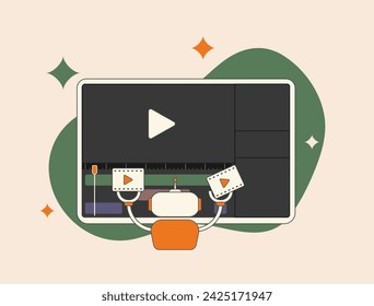 Ai Video Editor - Automatic ai-powered video editing and generator software. Procedurally generated content using neural networks. AI tools for video editing vector illustration on white background