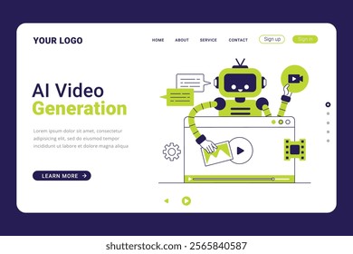 AI Video Generation landing page template. Robot AI creating video on computer design concept illustration