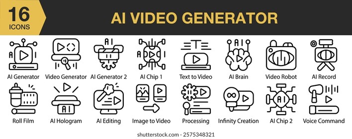 Ai Video Generator icon set. Includes technology, video, generator, digital, ai, artificial, software, and More. Outline icons vector collection.