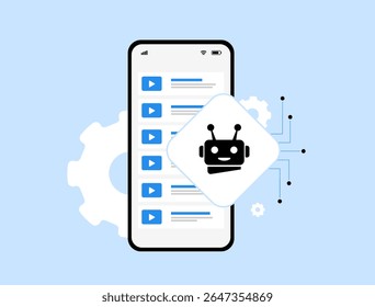 Gerador de vídeo AI para criação de conteúdo móvel usando inteligência artificial. Automação de vídeo e mídia personalizada com ferramentas de gerador de vídeo AI para smartphones. Ilustração de vetor de design plano