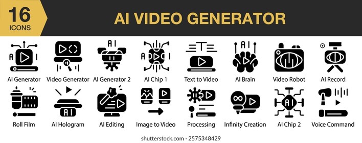 Ai Video Generator solid icon set. Includes technology, video, generator, digital, ai, artificial, software, and More. Solid icons vector collection.