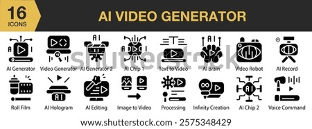 Ai Video Generator solid icon set. Includes technology, video, generator, digital, ai, artificial, software, and More. Solid icons vector collection.