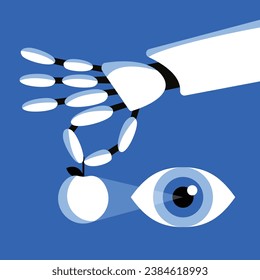 AI Vision. The artificial intelligence eye determines the shape of an apple held by a robotic hand. Flat vector illustration in cartoon style