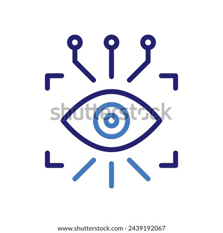 AI vision icon with eye and circuits, vector thin line illustration for artificial intelligence, machine vision, and technology concept