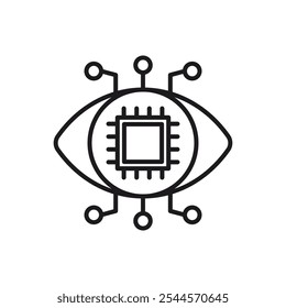 
El icono de AI Visión, Eye mejorado con chips y cables de computadora, simboliza la tecnología avanzada, la inteligencia artificial, la seguridad cibernética y el concepto de innovación futura.
