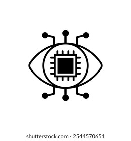 
AI Vision icon, Eye enhanced with computer chips and wires, symbolizes advanced technology, artificial intelligence, cyber security, future innovation concept.
