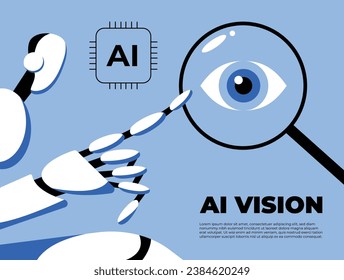 AI vision. The robot points to a magnifying glass with an eye. Flat vector illustration in cartoon style.