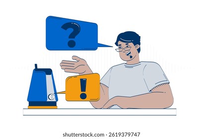 AI voice assistant device doodle cartoon illustration. Virtual helper. Arab man interacting with smart speaker technology 2D flat character isolated on white. Doodleart hand-drawn drawing colorful