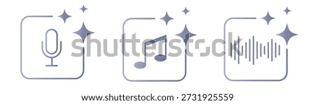 AI voice assistant icon set with microphone, music note and sound wave symbols. Artificial intelligence audio generation concept for creative tools, digital content platforms and modern applications.
