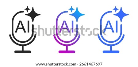 AI voice assistant logo, microphone with sparkle star button, artificial intelligence voice scan authentication, AI generate icon