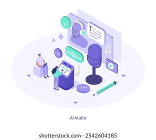 AI voice generation concept. Characters using artificial intelligence generative tool to create sound, text to audio, speech voices. Isometric vector illustration.