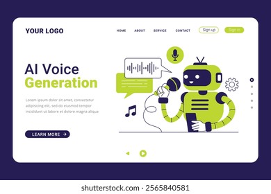 AI Voice Generation landing page template. Robot AI creating voice design concept illustration