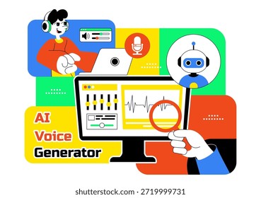 ILUSTRACIÓN VECTORIAL de herramientas de Generador de voz de IA para Tecnología de audio digital, síntesis de voz y soluciones modernas de inteligencia artificial