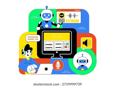 ILUSTRACIÓN VECTORIAL de herramientas de Generador de voz de IA para Tecnología de audio digital, síntesis de voz y soluciones modernas de inteligencia artificial