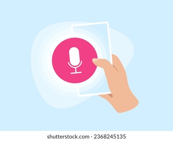 AI Voice Recognition concept. Hand holding mobile phone with Virtual Voice Search Assistants App. Vector illustration isolated on blue background