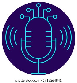 Icono de reconocimiento de voz AI. Borde de neón minimalista sobre un fondo redondo azul oscuro. Una elegante Ilustración vectorial de un micrófono conectado a un circuito digital, que simboliza el procesamiento inteligente del habla, la tecnología de asistente de voz y el análisis de datos de audio