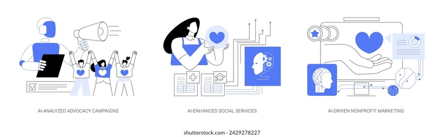 AI in volunteer organizations abstract concept vector illustration set. AI-Analyzed Advocacy Campaigns, AI-Enhanced Social Services, AI-Driven Nonprofit Marketing abstract metaphor.