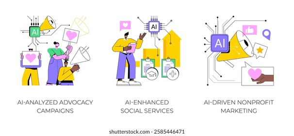 AI in volunteer organizations abstract concept vector illustration set. AI-Analyzed Advocacy Campaigns, AI-Enhanced Social Services, AI-Driven Nonprofit Marketing abstract metaphor.
