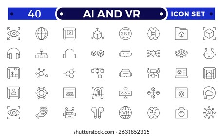 Conjunto de ícones de contorno de IA e RV. Contendo robô, inteligência artificial, inovação, cidade inteligente, robótica, humanoide, holograma, mundo digital, alta tecnologia e automação.
