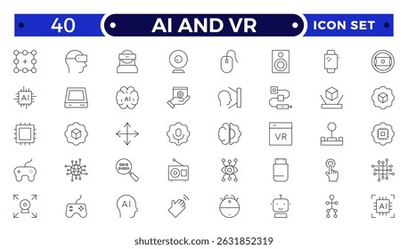 AI and VR outline icon set. Containing robot, artificial intelligence, innovation, smart city, robotics, humanoid, hologram, digital world, high-tech and automation.
