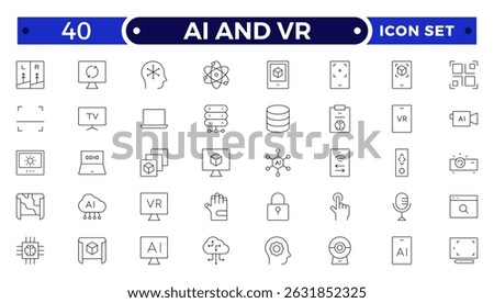 AI and VR outline icon set. Containing robot, artificial intelligence, innovation, smart city, robotics, humanoid, hologram, digital world, high-tech and automation.
