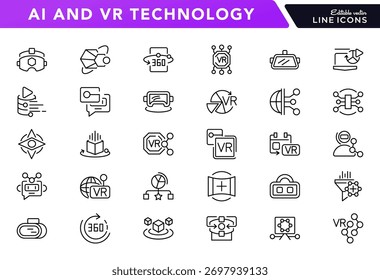 Icon-Set für AI- und VR-Technologie. Headsets, 3D-Visuals, immersive Erlebnisse, Controller, Simulationen, Maschine, Chat-Line-Icon-Set. UI-Dünnlinien-Symbolpaket