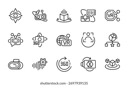 Icon-Set für AI- und VR-Technologie. Headsets, 3D-Visuals, immersive Erlebnisse, Controller, Simulationen, Maschine, Chat-Line-Icon-Set. UI-Dünnlinien-Symbolpaket