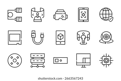 Conjunto de iconos lineales de tecnología AI y VR. Inteligencia artificial, realidad virtual, robot, auriculares, chip cerebral, aprendizaje automático, dispositivo inteligente, automatización, conjunto de iconos de Vector de innovación. Paquete de líneas finas de interfaz de usuario.