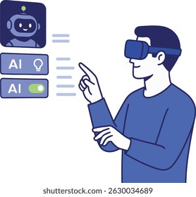 AI and VR Vector Illustration. Man using VR, with AI Interface.