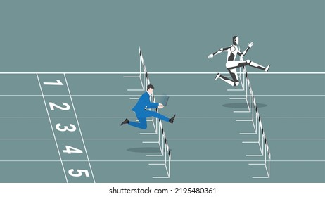 AI vs human battle concept. Businessman and robot run on a racetrack. A faster robot leads a man working on a laptop. Business competition, contest, career position in digital age cyber technology.
