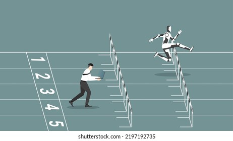 AI vs human battle concept. An employee and robot run on a racetrack. A faster robot leads a man working on a laptop. Business competition, contest, career position in digital age cyber technology.