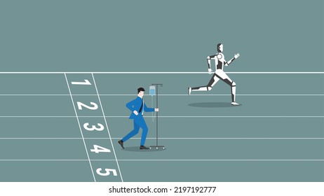 AI vs human battle concept. Businessman and robot run on racetrack. A faster robot leads a man saline medical drip bag. Business competition, contest, career position in digital age cyber technology.