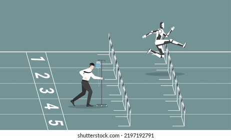 AI vs human battle concept. Businessman and robot run on racetrack. A faster robot leads a man saline medical drip bag. Business competition, contest, career position in digital age cyber technology.
