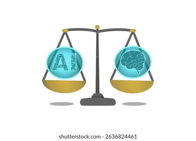 AI vs Human Brain on Scale,  Flat Vector Illustration of Ethical AI and Bias Concept for Education and Business Use