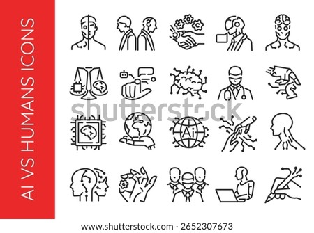 AI vs Humans icons. Set of 20 AI vs Humans trendy minimal icons. Example: Human Head, AI Handshake, Robot, Chip icon. Design signs for web page, mobile app, packaging design. Vector illustration