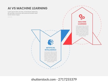 Estilo de esquema de infografía de tecnología AI vs ML con Plantilla de comparación de 2 puntos con flechas creativas hacia arriba y hacia abajo para el Vector de presentación de diapositivas