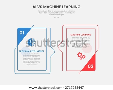 AI vs ML technology infographic outline style with 2 point comparison template with creative box with bookmark badge on side for slide presentation vector