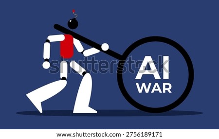 AI War Burden Concept Robot Carrying Heavy Artificial Intelligence Military Conflict Symbol.