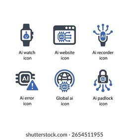 Ai watch, website, recorder, Global ai, Ai error, Ai padlock, icon