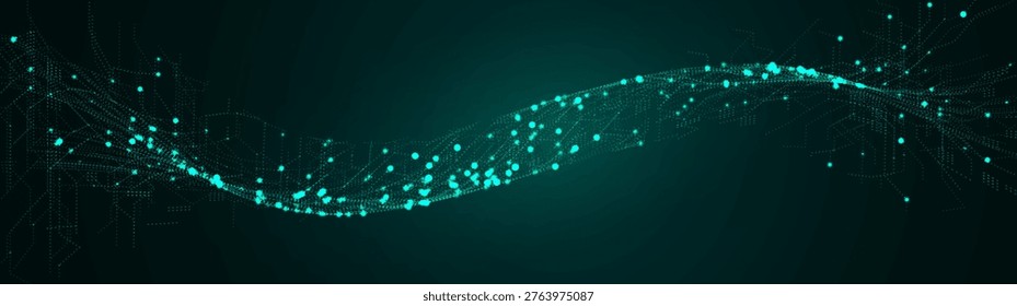 AI Wave Neural Network Data Background Abstract Digital Science Technology Concept, Artificial Brain Energy Line Stream. 3D Turquoise Futuristic Particles Tech Data Flow. Vector Illustration