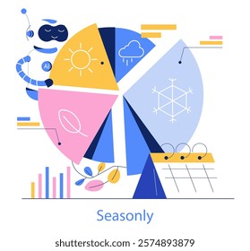 AI Weather Forecasting concept. A robot analyzes seasonal climate patterns through a colorful pie chart. Data-driven predictions for different seasons. Vector illustration.