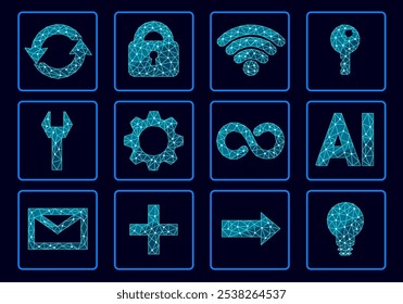 AI web technology collection icon set. Business symbols internet, password, update, arrow, idea, mail, settings icons. Low poly polygonal blue web online customer vector illustration