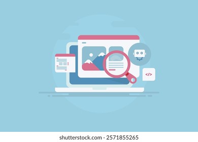 AI website builder, No code website, AI generating website. AI chatbot writing website codes - vector illustration background with icons 