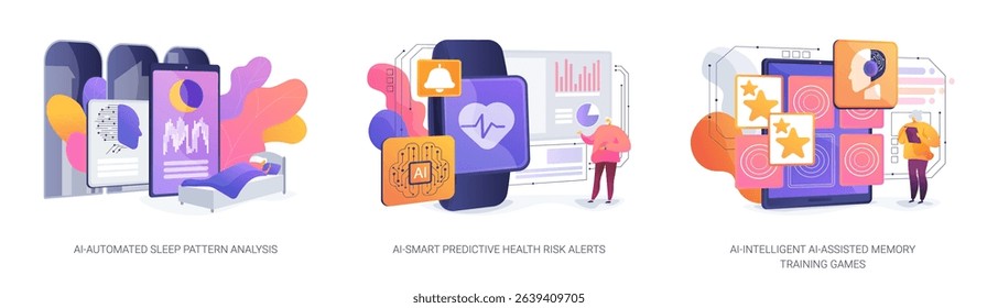 AI Wellness Solutions for Seniors abstract concept vector illustration set. AI tracks sleep, predicts health risks, and offers memory games to enhance senior wellness and care. abstract metaphor.