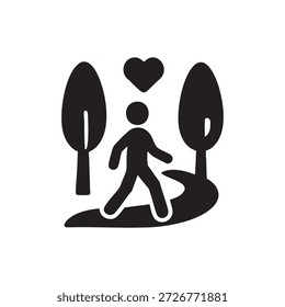 AI Wellness Vector Icon Persona Caminando en Naturaleza con Símbolo de Corazón Blanco y Negro
