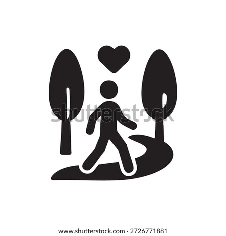 AI Wellness Vector Icon Person Walking in Nature with Heart Symbol Black and White